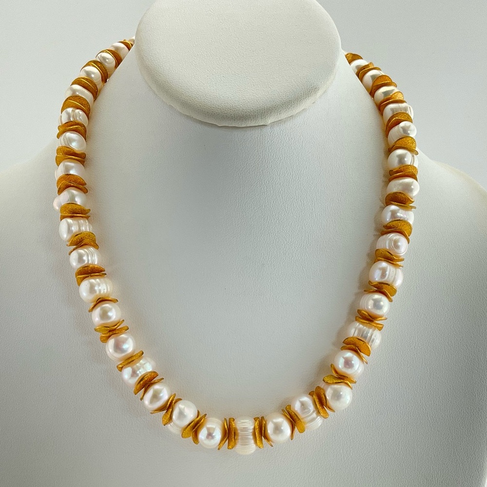 Chunky, White Baroque Pearl & Sparkle Gold Necklace, Fresh Water Pearls, Baroque - Picture 7 of 12